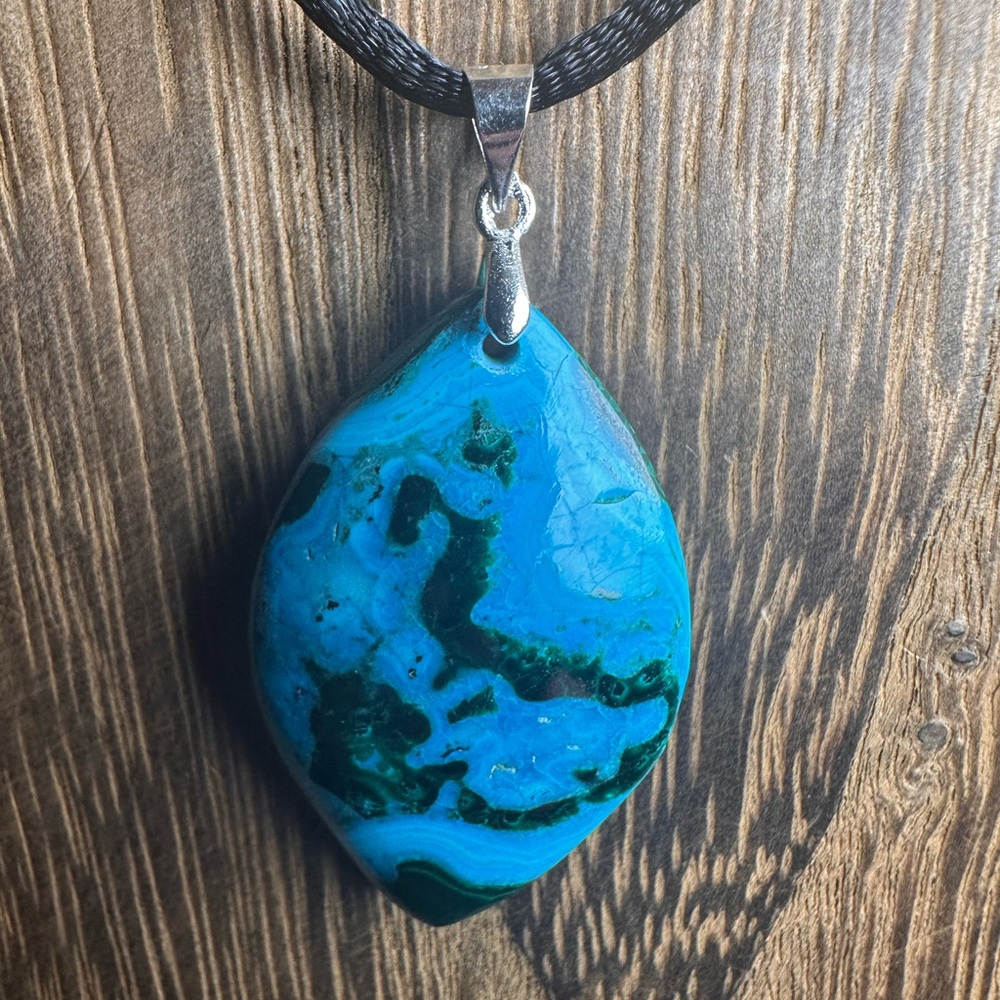 Chrysocolla Teardrop Pendant Necklace on Black Rope - Picture 10 of 14